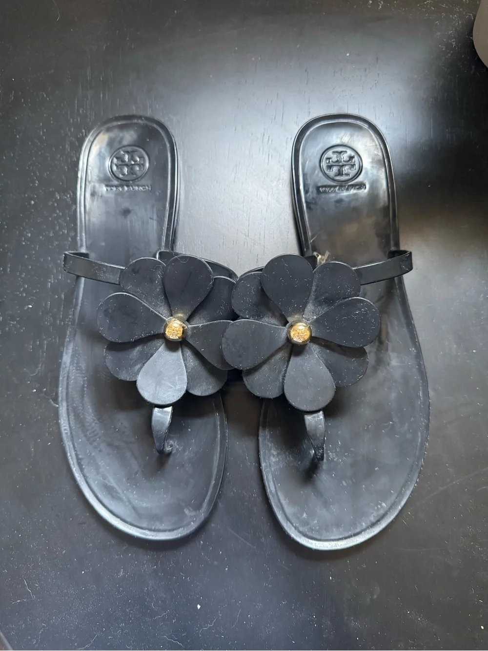 Tory Burch Black Floral Toe-Post Sandals with Gold Accent